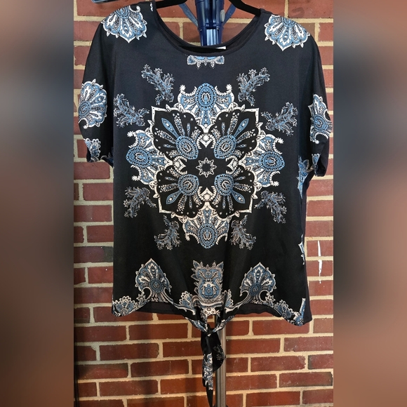 Dana Buchman Boho Chic Blue Mandala Medallion Tie Front Blouse Sz Medium - Picture 2 of 4